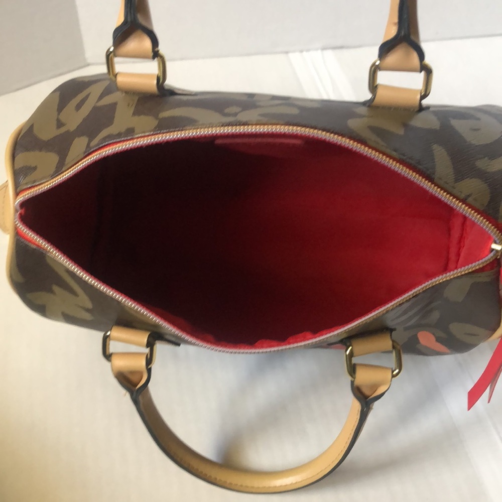 Victoria's Secret Brown Graffiti Heart Satchel with Red and Orange Accents - Picture 11 of 16
